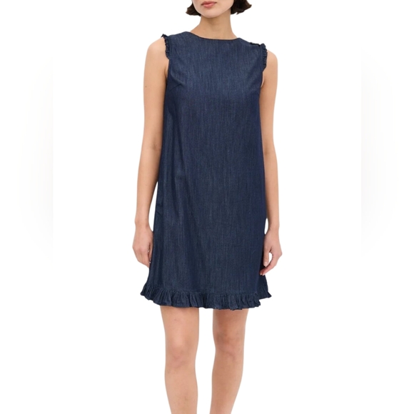 MaxMara Dresses & Skirts - S Max Mara Denim Sleeveless Shift Dress Size US 6 Cotton Ruffle Hem Pockets